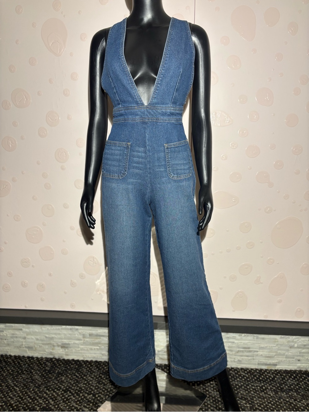 Dollhouse Retro Medium Wash Plunging V-Neck Wide Leg Denim Jumpsuit size 5/6